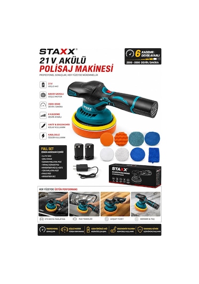 Staxx St21cfp X2 Akülü Pasta Cila Polisaj Makinesi 2 Akülü 6 Kademeli Hız Ayarı Full Aksesuar Set