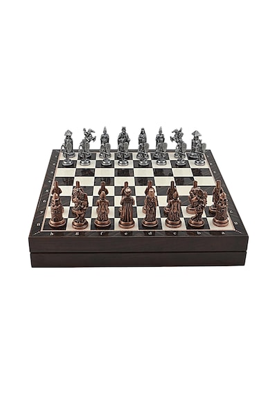 Büyük Boy Metal Osmanlı-bizans Satranç Tk. Antik Ve Ceviz Desenli Sandıklı Mdf Tahtası 36x36 Cm.