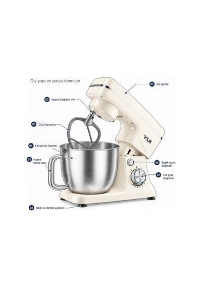 Yui M108 Easy Chef 1300 W 5 L Stand Mikser Hamur Yoğurma Makinesi Beyaz