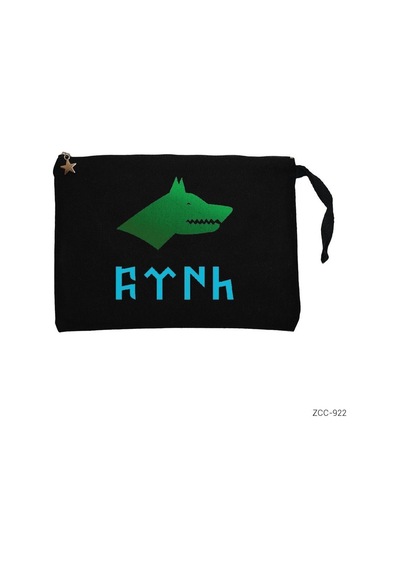 Zepplin Giyim Göktürkçe Türk Kurtlu Mavi Yeşil Siyah Clutch Astarlı Cüzdan