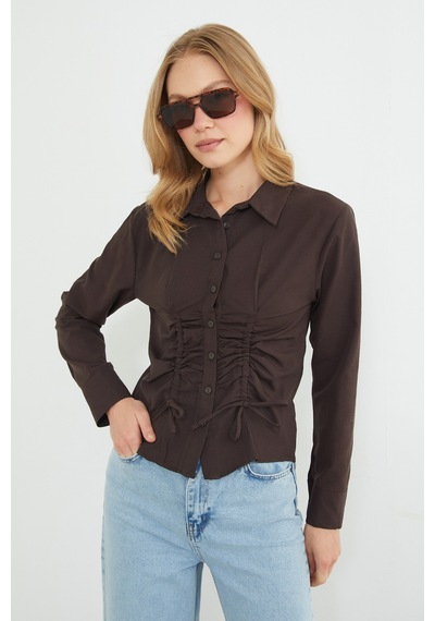 Fullamoda Önü Büzgülü Slim Fit Gömlek Kahve