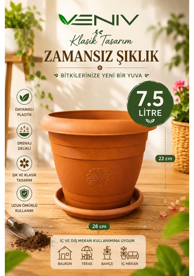 Dekoratif Antik Alt Tabaklı Saksı 7,50 Litre 1 Adet