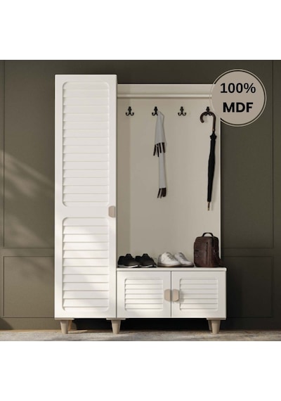 Lavanta Mdf Raflı Askılıklı Ayaklı Tasarım Portmanto Ayakkabılık Krem