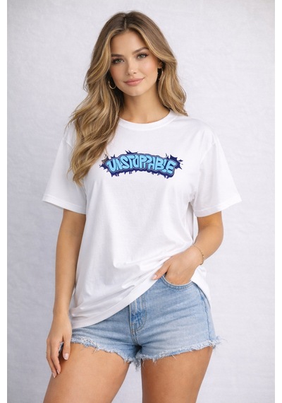 Herkesemoda Unstoppabie Ön Ve Arka Baskı Detaylı Basic T-shirt Beyaz