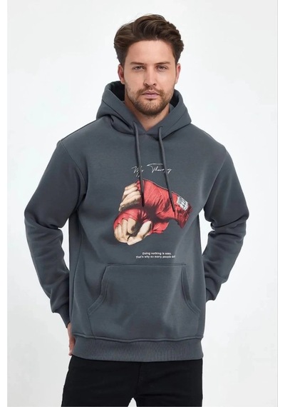 Barlashive Erkek 3 İplik Pamuklu Kapüşonlu Cepli Boks Eldiven Baskılı Hoodie Sweatshirt - Füme Çok Renkli