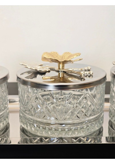 Atabey Home Collection 3'lü Kelebekli Gümüş Tepsili Kase Seti & Şekerlik & Sunumluk & Çerezlik