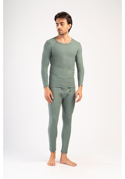 Yake Store Erkek Comfort Kayık Yaka Uzun Kol Iclık Takım - Khakı Haki
