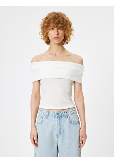 Koton Madonna Yaka Crop Bluz Kısa Kollu Bürümcük Dokulu Slim Fit Ekru 4sal60061ık Ekru