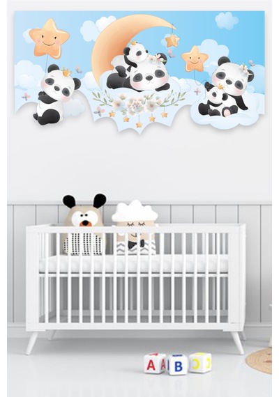 Uykucu Pandalar Çocuk Odası Duvar Sticker 100x50 Cm Mavi