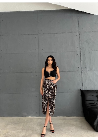 Zeo Basic Leopar Desenli Midi Etek Leopar