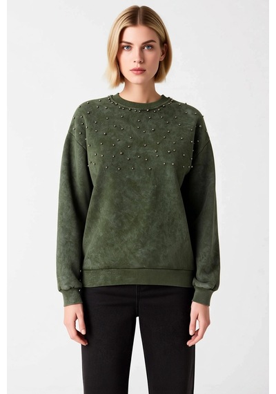 Benerly Kadın Bisiklet Yaka Düşük Kol Eskitme Efektli Regular Sweatshirt Haki