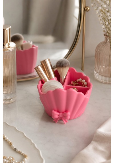 Deniz Kabuğu Fiyonklu 4 Bölmeli Mini Organizer, Makyaj Takı Kalem Takı Kutusu Masa Düzenleyici Pembe