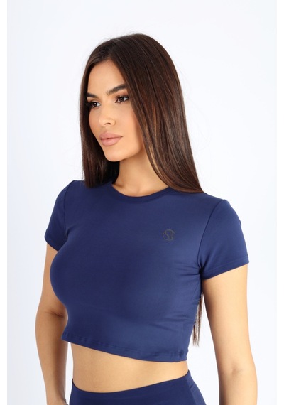 Kadın Organik Kumaş Bisiklet Yaka Vücuda Oturan Slim Fit Atlet Bluz Lacivert