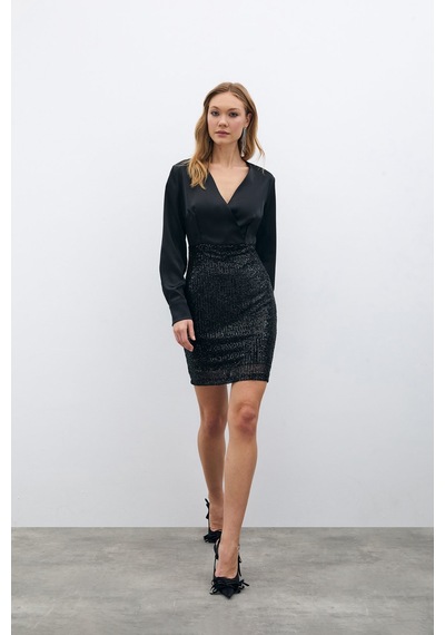 Sateen Payet Detaylı Saten Elbise - Siyah-135687 Siyah