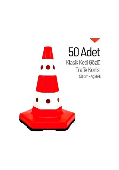 50'li Klasik Kedi Gözlü Trafik Konisi Seti 50 Cm Ağırlıklı Trafik Dubası-3600
