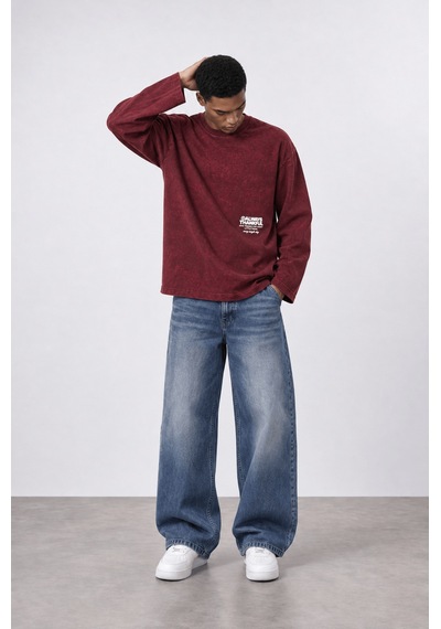Respire Erkek Always Baskılı Yıkamalı Oversize Long Sleeve Bordo