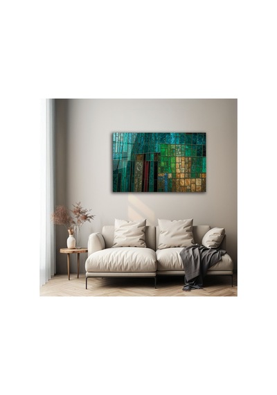 Yeşil Mavi Geometrik Modern Sanatsal Dekoratif Cam Tablo Modern Soyut Dekoratif Duvar Tablosu, Salon, Ofis Ve Çalışma Alanı Dekoru,