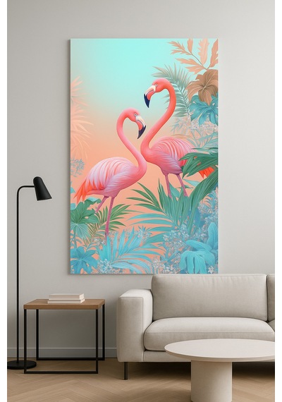 Tropikal Flamingo Desenli Çerçevesiz Cam Tablo Modern Salon Ve Ofis Dekorasyonu