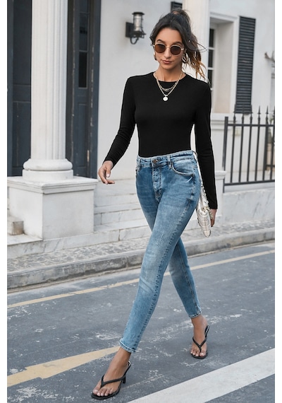 Alfa Aksesuar 03 Kadın Siyah Uzun Kollu Fit Basic Crop Top Bluz