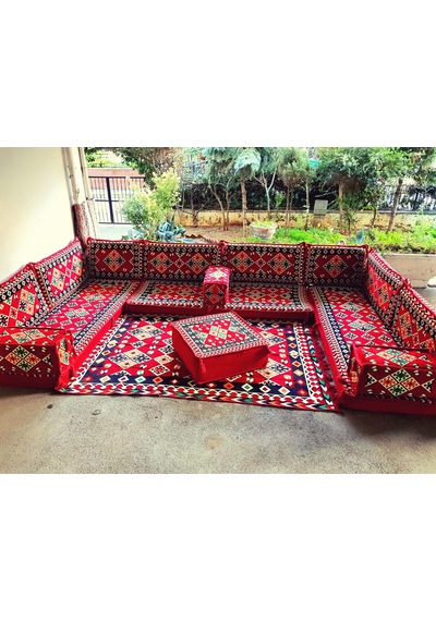 Şark Köşesi Minderi Ürgüp Desenli Kilim Orta Puf Takımı Konsept Kırmızı