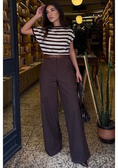 Madmext Kahverengi Yüksek Bel Keten Wide Leg Pantolon Mg2718