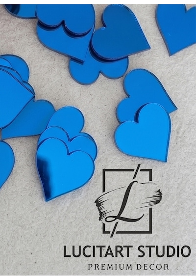 10'lu Paket Mavi Blue Pleksi Dekoratif Kalpler 1mm Kendinden Yapışkanlı Kalp Ayna - Söz, Nişan, Nikah Ve Süsleme İçin Mavi Mavi