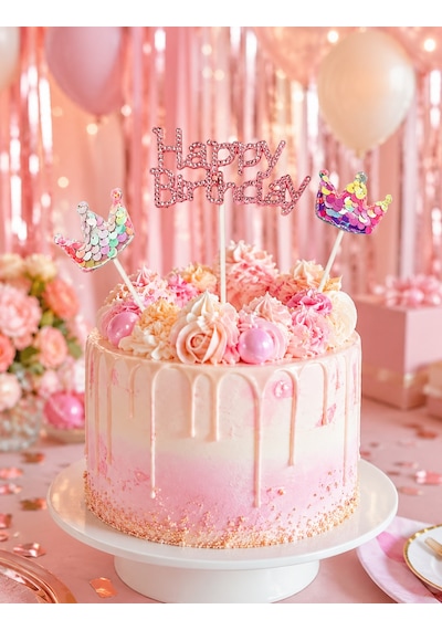 Pasta Üstü Çubuklu Happy Birthday Taşlı Pullu 3 Parça Süs Doğum Günü Parti Dekoru +3