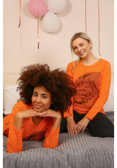 Akbeniz Kadın Uzun Kol Penye Pijama Takım 4177 - L Turuncu