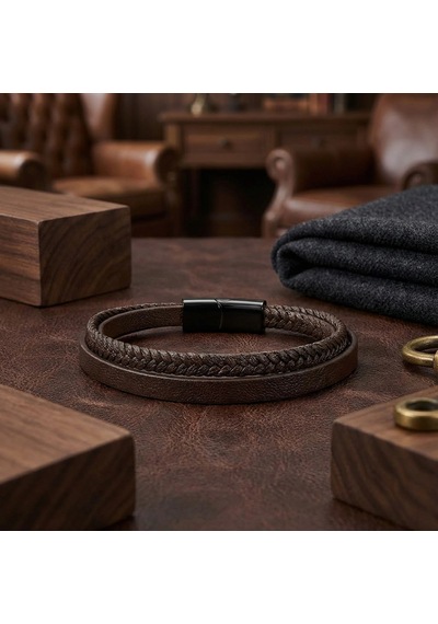 Moncuk Design Kahverengi Deri Ve Saç Örgü İkili Çoklu Çelik Bileklik 33513b12d2