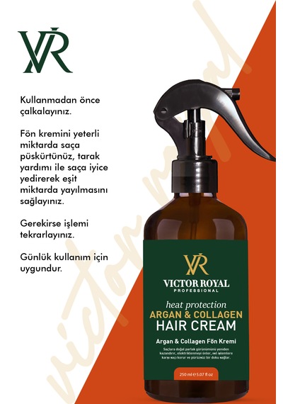 Victor Royal Isıya Karşı Koruyucu Ve Kolay Tarama Etkili Argan Kolajen Fön Sprey Kremi 250 Ml