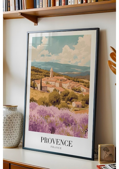 Provence France Vintage Seyahat Posteri Çerçeveli Tablo - Premium Lavanta Tarlası Elit Duvar Dekoru Siyah