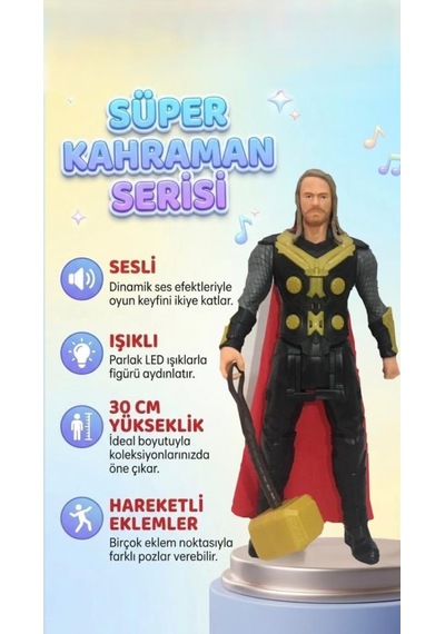 Avengers Süper Kahraman Çekiçli Thor 30 Cm Eklemleri Hareketli Işıklı Ve Sesli Figür Oyuncak