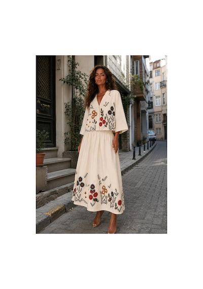 Asur Boutique Asur Butik Kadın Krem Çiçek Nakışlı Yelek Etek Takım Bohem V Yaka Dokuma 2'li Yazlık Takım Bej