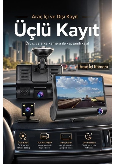 Özel Seri Üç Kameralı Dijital Kayıt Araç İçi Kamera Ta02 Siyah 1080p