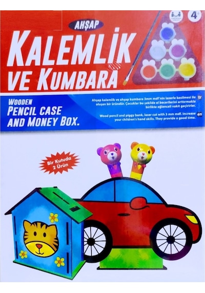 Vıp Kalite Maket Ahşap Kalemlik Ahşap Kumbara Seti 6 Akrilik Boya Seti Ahşap Arabalı Kalemlik