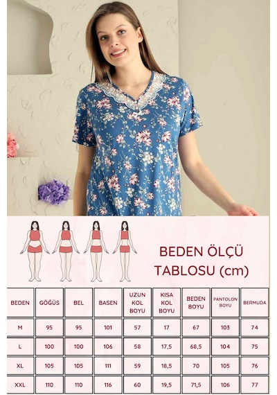 Alimer Kadın İndigo Dantelli V Yaka Bermuda Pijama Takım Edy2708i İndigo