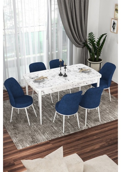 Canisa Concept Kor Serisi 70x114 Açılabilir Mutfak Masası Takımı Beyaz Mermer Desen Masa 6 Lacivert Sandalye Masa Beyaz Mermer Desen Sandalyeler Lacivert