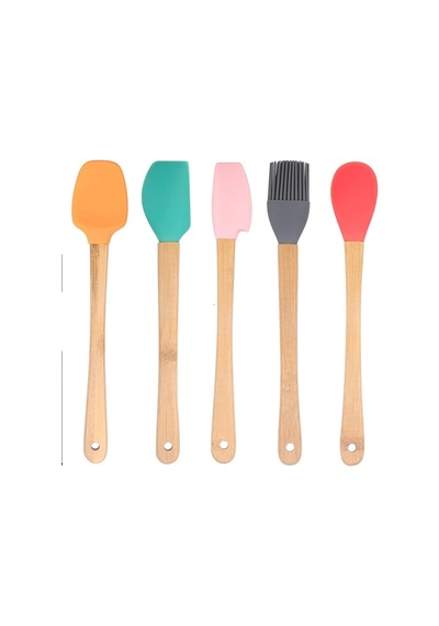 Silikon Spatula Ve Fırça Seti, 5 Parça, Karışık Renkli, Bambu Saplı Çok Renkli