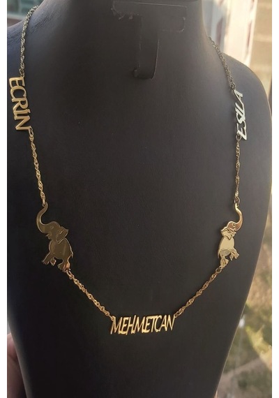 925 Ayar Gümüş 24 Ayar Altın Kaplama 3 İsimli 2 Fil Figürlü Kolye Gold