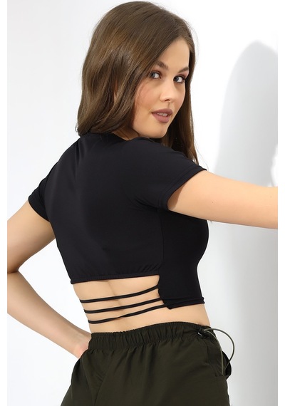 Winmoda34 Kadın Siyah Sırt Dekolteli Crop/krop Beli Lastik Dertaylı Bluz Siyah