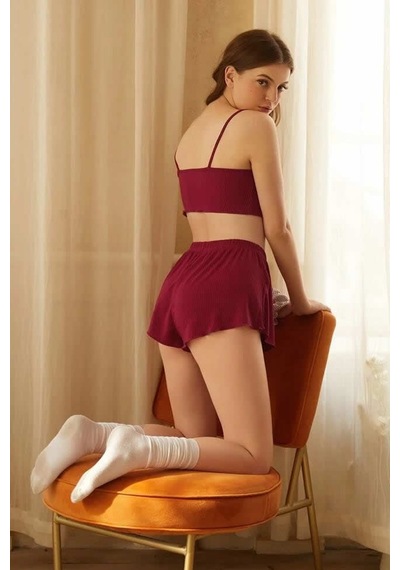 Fantezia Night Kadın Bordo Şortlu Kaşkorse Gecelik Takım