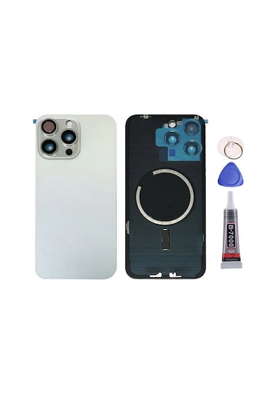 Apple Uyumlu iPhone 15 Pro Max Beyaz Full Nfc Ve Demirli Arka Kapak Batarya Kapağı Pil Kapağı Yapışkan Ve Sökme Aparatıyla Beraber Full Set Beyaz