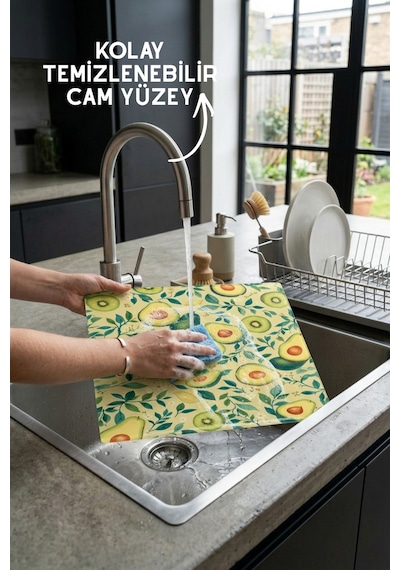 Avokado Desenli Cam Kesim Tahtası - 25x35cm -dayanıklı Ve Pratik Kesim Matı Yeşil