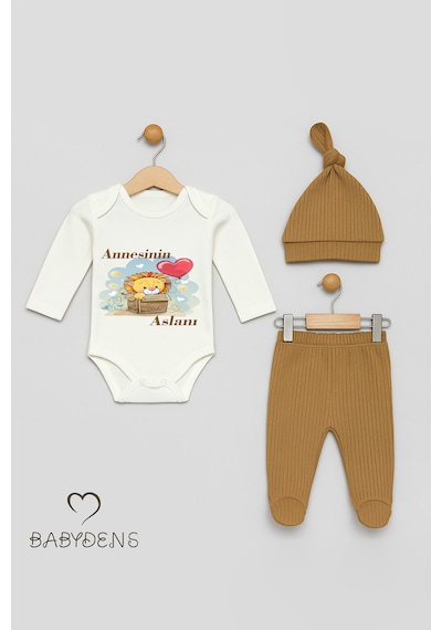 Babyden's Annesinin Aslanı Baskılı 3 Lü Bebek Takımı Uzun Kol Çıtçıtlı Zıbın, Ribana Pantolon,bere %100 Pamuk Açık Kahverengi