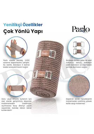 Parlo Elastik Bandaj 3 Lü Set 10-15-20 Cm %300 Esnek, 4,5 M Ye Kadar Uzayan, Metal Kancalı Destek Sargı Seti