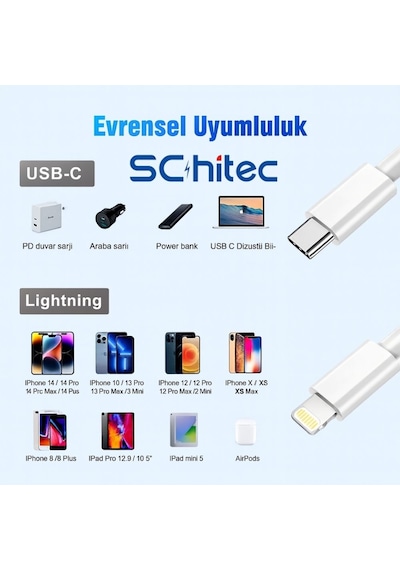 Schitec 3 Paket 6a 100w Type-c To Lightning Hızlı Data Ve Şarj Kablosu 1 Metre/ 2 Metre / 3 Metre Beyaz Sx112131 - Schitecsx1121313p
