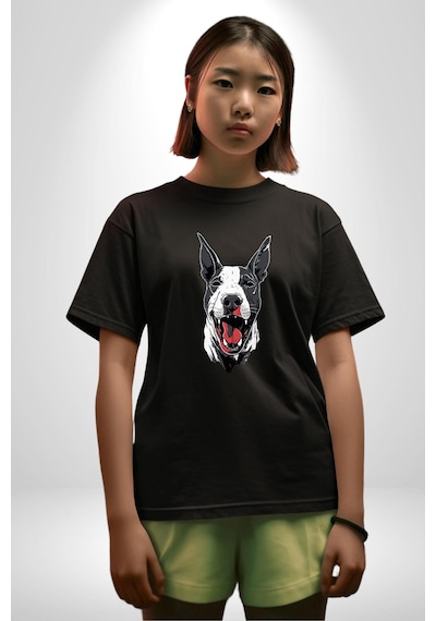 Doberman Kırmızı Dil Siyah Dik Kulak Pamuklu Bisiklet Yaka Kadın Erkek Oversize Boyfriend Dijital Baskılı Siyah T-shirt Siyah