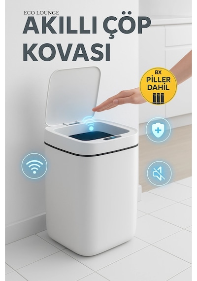 Akıllı Çöp Kovası, Büyük Boy 20 Litre, Uv Işık Ve Sensörlü, Haraket Algılayan, Sessiz Kapak Çok Renkli