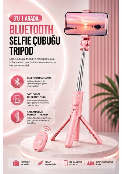 Concord 100 Cm Bluetooth Kumandalı Led Işıklı Selfie Çubuğu 3'ü 1 Arada Telefon Tripod Vlog Standı