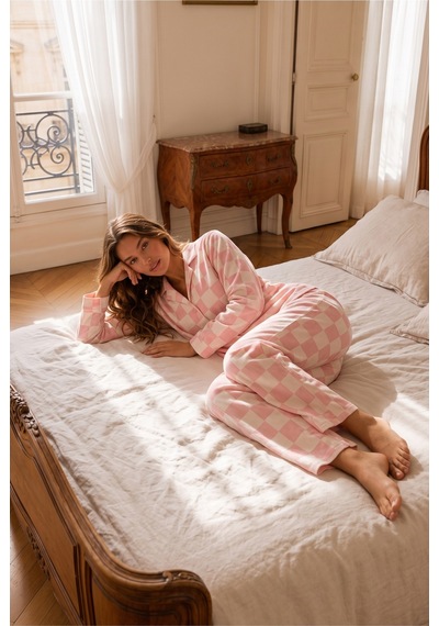 Kadın Relax Fit Düğme Pembe Pijama Takımı